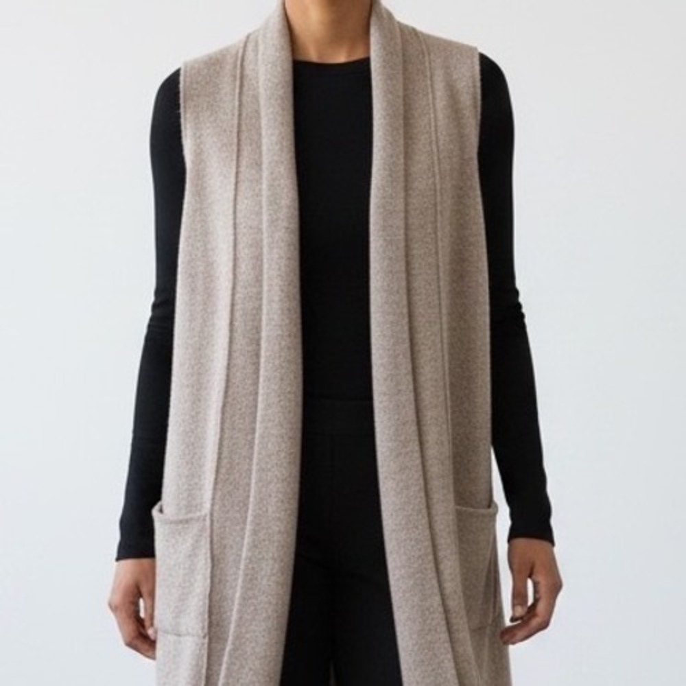 St Tropez 100% Merino Wool Open Front Knit Vest Brown Large quiet luxury minimal